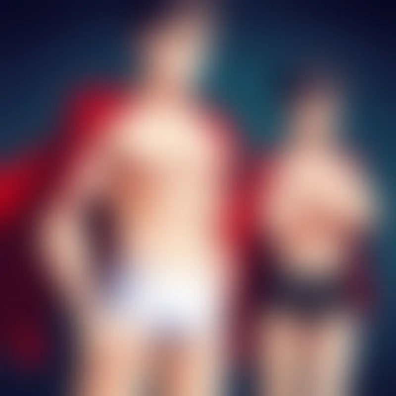 Two mischievous boys with dark hair and glasses. turn into A superhero in white briefs with a red cape.