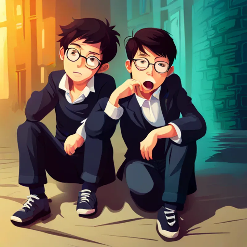 Two mischievous boys with dark hair and glasses. try to defeat the villain