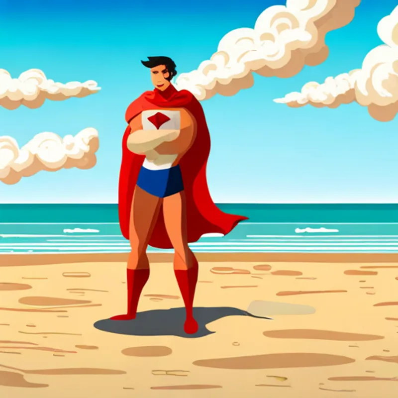 A superhero in white briefs with a red cape. defeats villain and saves the day