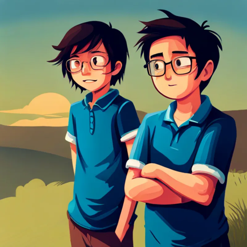 Two mischievous boys with dark hair and glasses. learn anyone can be a hero