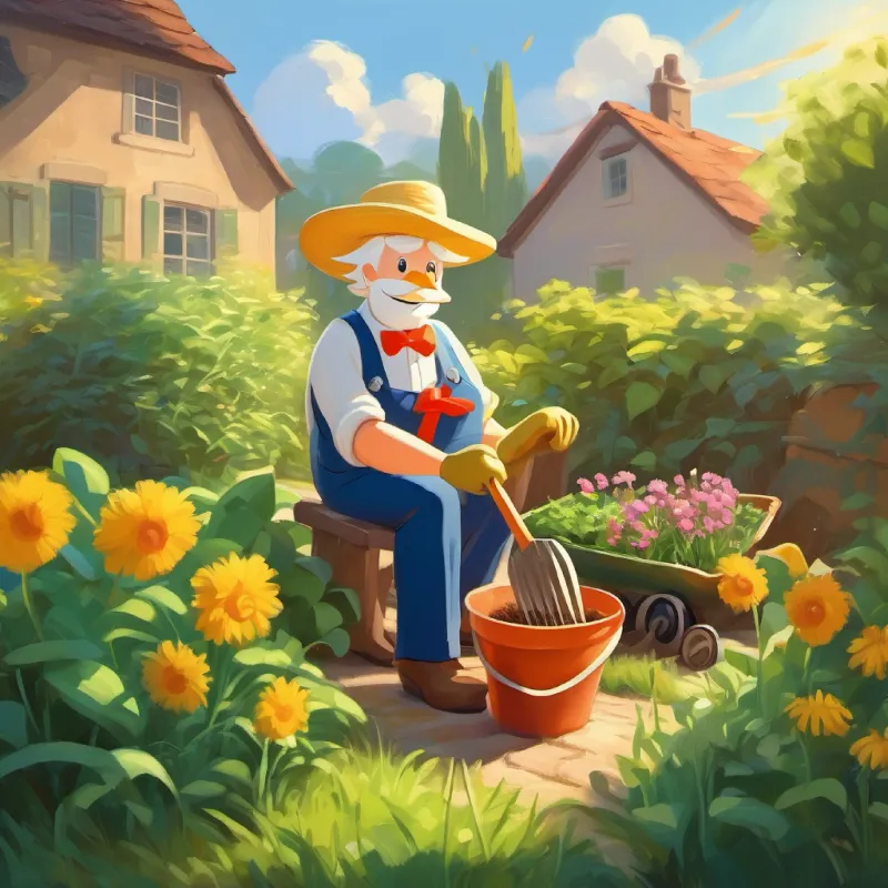 Donald gardening in sunny weather, cheerful and busy.