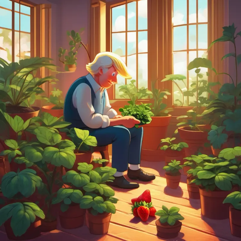 Donald caring for his plants; a particularly sad strawberry plant.