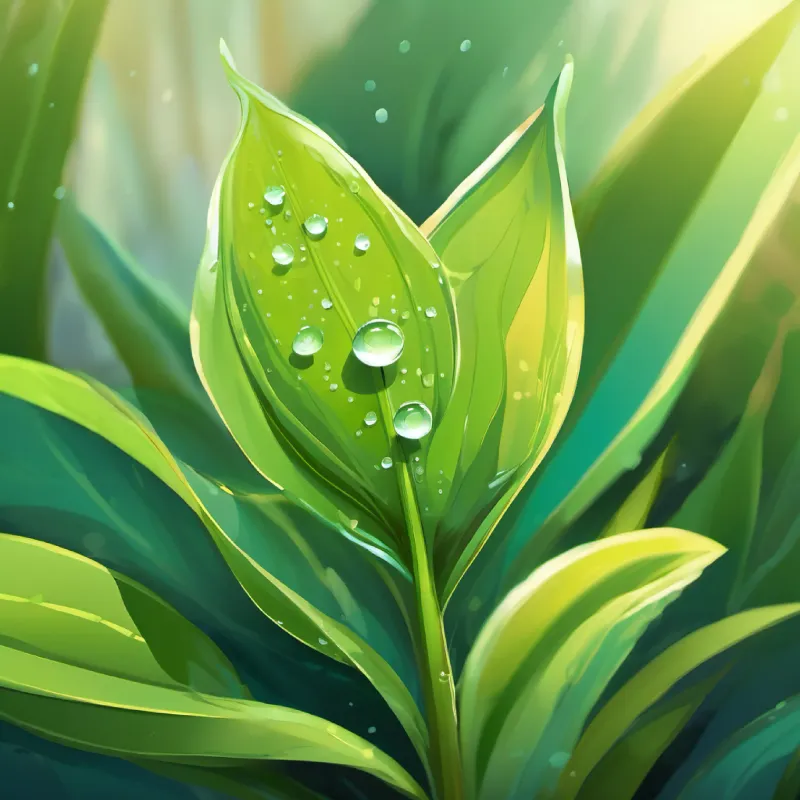 A silent plant with a dewdrop, highlighting the plant's 'sadness'.