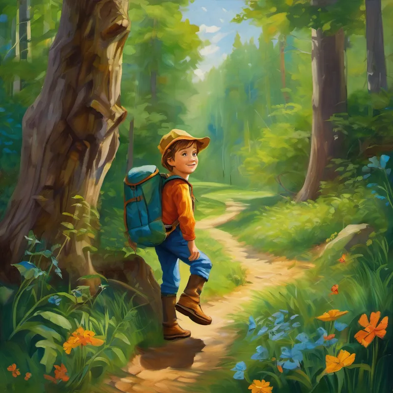 Once upon a time, in a cozy little town, lived a young boy named Jimmy. Jimmy was a bright and curious 8-year-old, always ready for an adventure. One sunny afternoon, Jimmy decided to venture into the enchanted forest that lay just on the outskirts of his town. With his backpack full of snacks and a map drawn by his father, Jimmy set off into the unknown, excited to discover what awaited him in the vast forest. As he stepped into the woods, the air felt crisp and refreshing.
