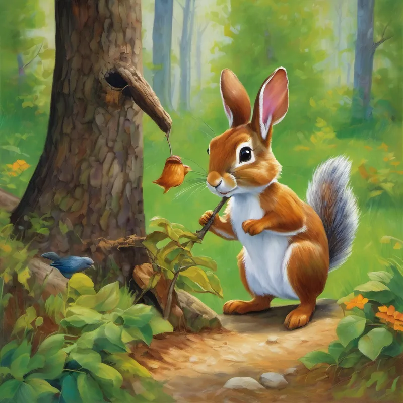 The bunny hopped happily and led Jimmy to a tree where a charming squirrel was perched, busily cracking nuts. "Good day, Mr. Squirrel," Jimmy greeted with newfound confidence. "Could you guide me to the next letter of the alphabet?" The squirrel chittered happily and motioned Jimmy to a lively brook, where a graceful deer stood sipping water. With a smile, Jimmy approached the deer and politely asked if it knew where he could find the next letter.