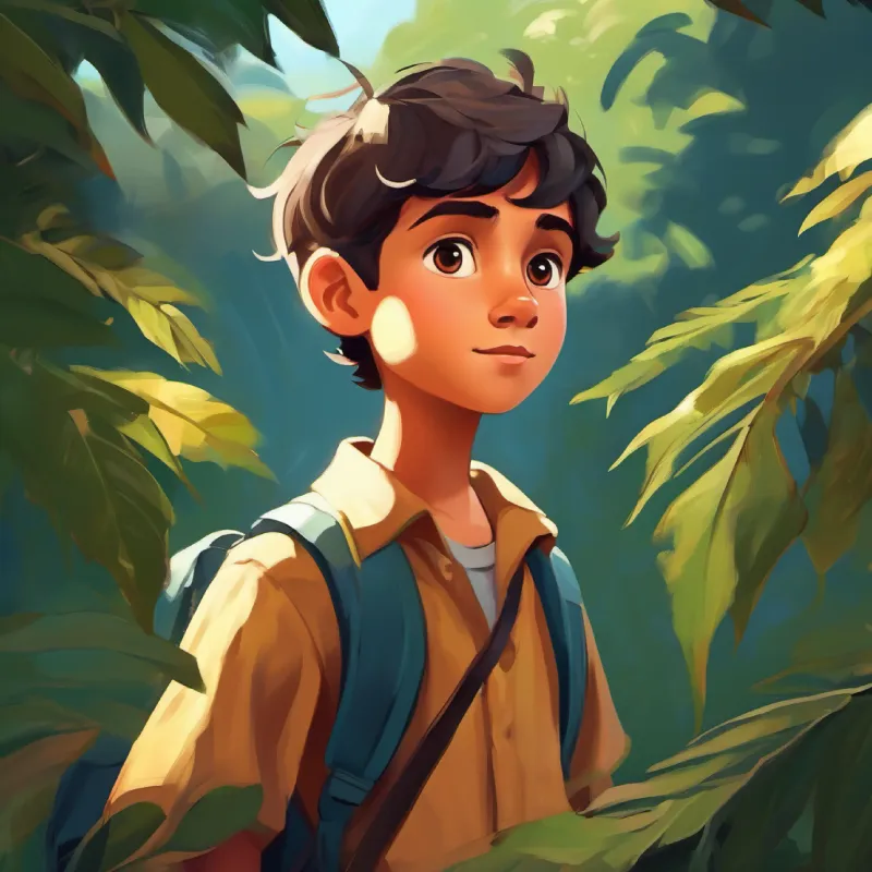 Curious boy, tan skin, dark eyes, short hair exploring nature, establishing a connection to the environment.