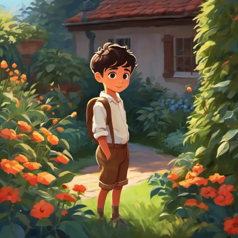 Curious boy, tan skin, dark eyes, short hair discovering a mysterious new garden.