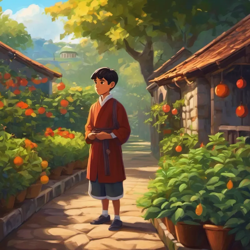 Curious boy, tan skin, dark eyes, short hair meets the old monk and learns about the garden.