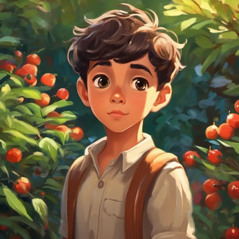 Curious boy, tan skin, dark eyes, short hair inquiring about the garden's name and its purpose.
