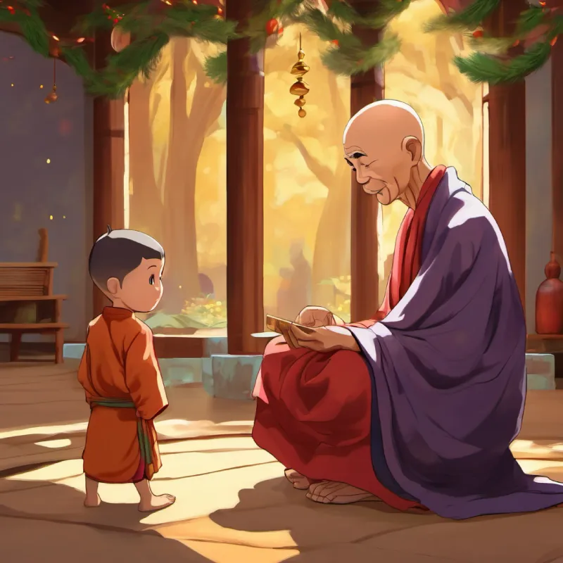 Old monk, gentle eyes, wrinkled skin, bald head sharing Buddhist principles with Curious boy, tan skin, dark eyes, short hair.