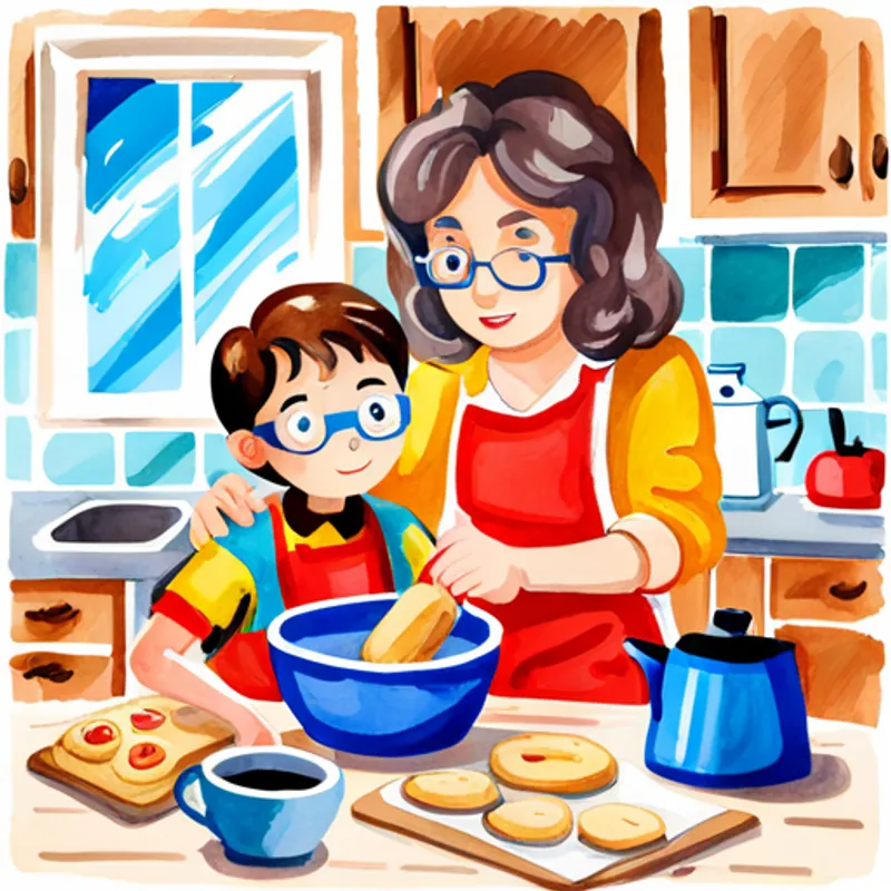 Ari, a boy with brown hair and a red superhero cape and his Grandma, a kind woman with glasses and an apron baking cookies in the kitchen
