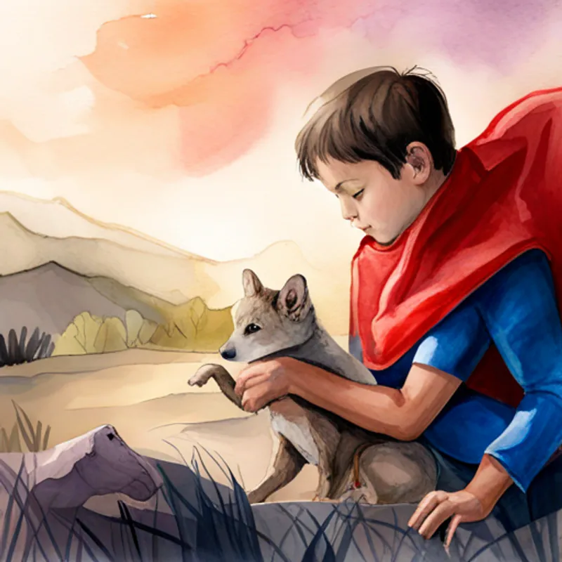 Ari, a boy with brown hair and a red superhero cape feeding and petting different animals in his kingdom