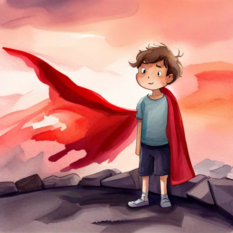 Ari, a boy with brown hair and a red superhero cape noticing a sad creature with drooping wings