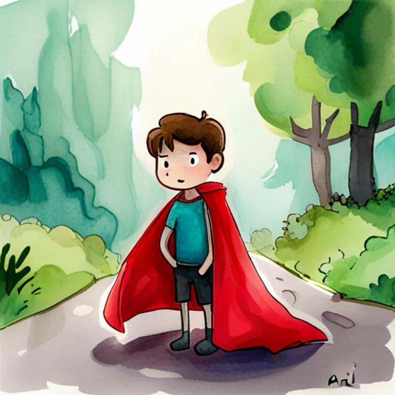 Ari, a boy with brown hair and a red superhero cape looking concerned, talking to the sad creature