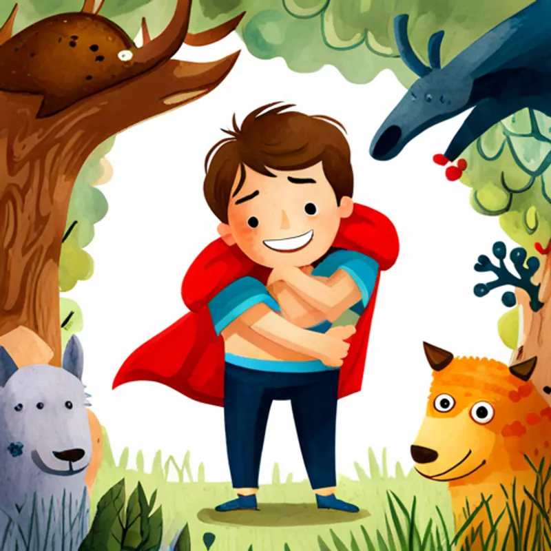 Ari, a boy with brown hair and a red superhero cape hugging the creature, surrounded by happy animals