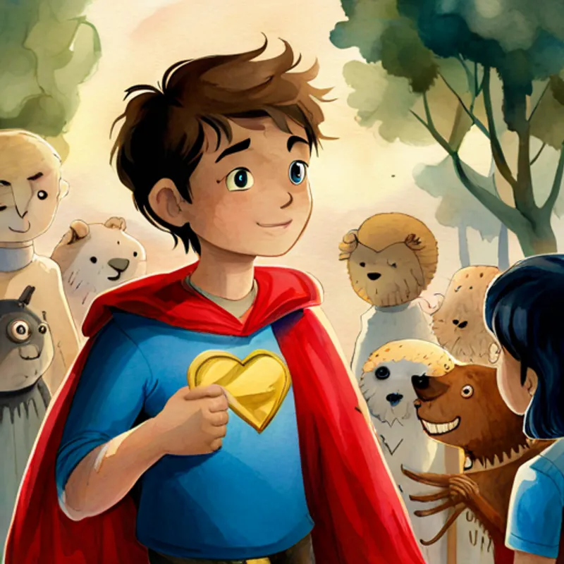 Ari, a boy with brown hair and a red superhero cape giving a heart-shaped medal to a group of creatures