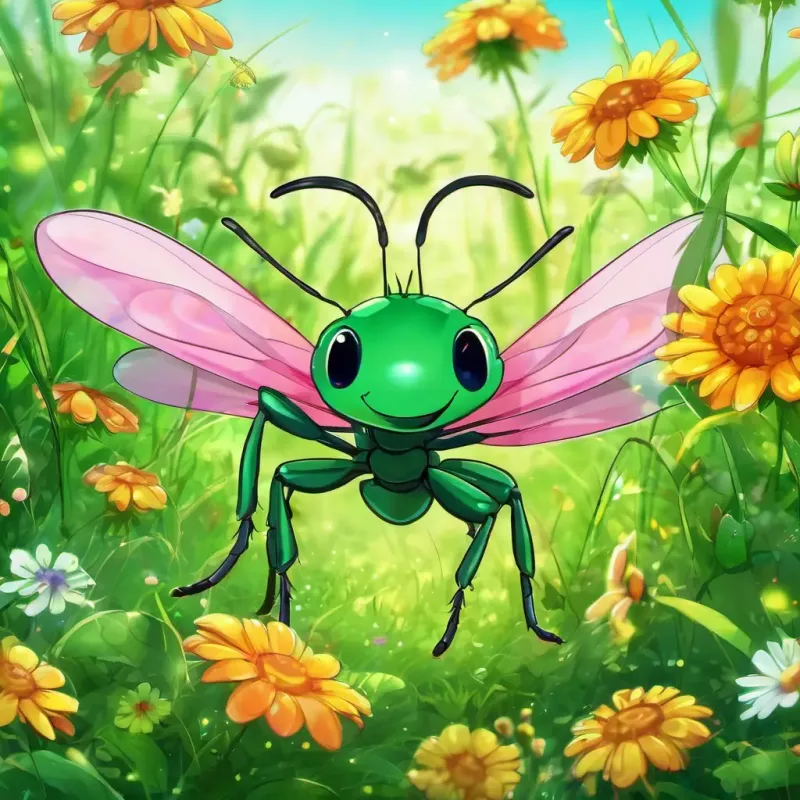 A small A small ant with black eyes and a hardworking expression with six legs and a tiny A green grasshopper with big eyes and a happy smile with wings. They live in a green meadow surrounded by colorful flowers.