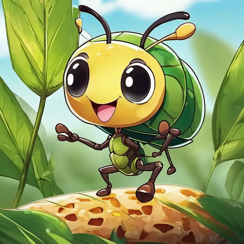 The A small ant with black eyes and a hardworking expression is walking with a big piece of bread on its back. The A green grasshopper with big eyes and a happy smile is standing on a leaf, smiling and waving.