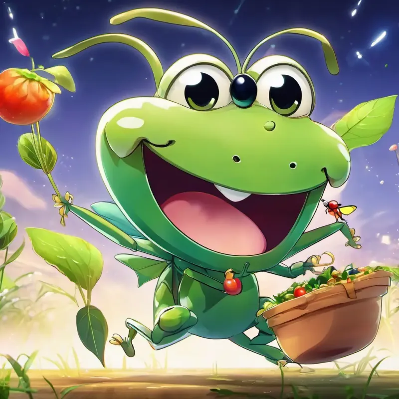 The A green grasshopper with big eyes and a happy smile is dancing and singing happily. The A small ant with black eyes and a hardworking expression is seen working, carrying food to its home.