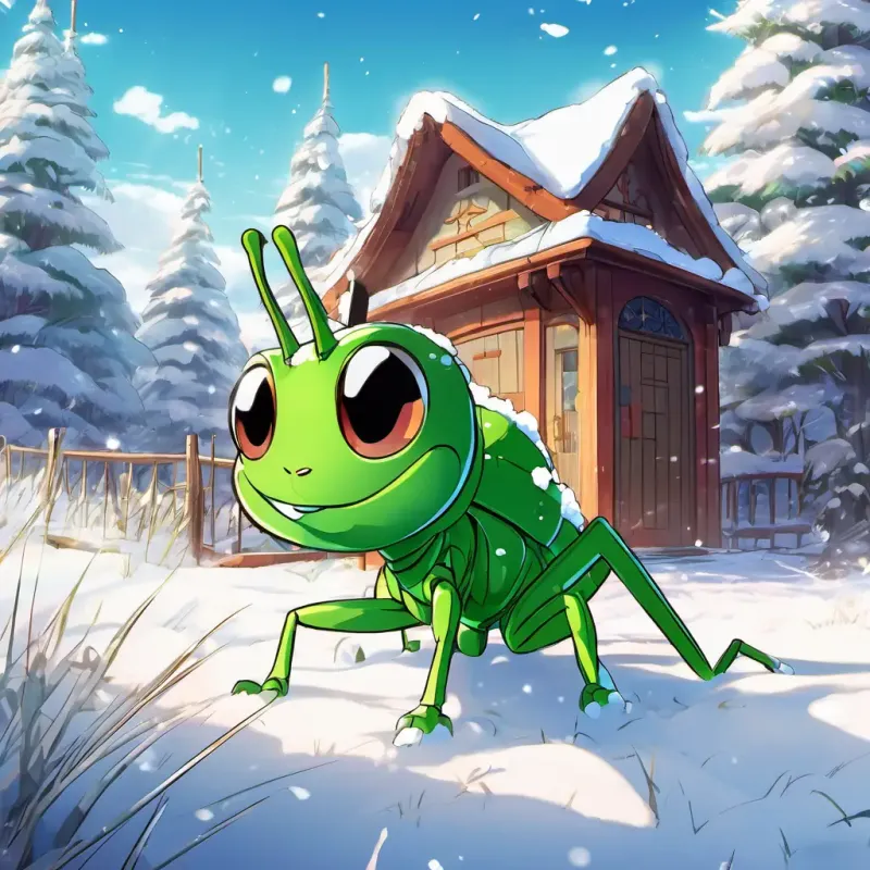 The meadow covered in snow. The A green grasshopper with big eyes and a happy smile is shivering and knocking on the A small ant with black eyes and a hardworking expression's door.