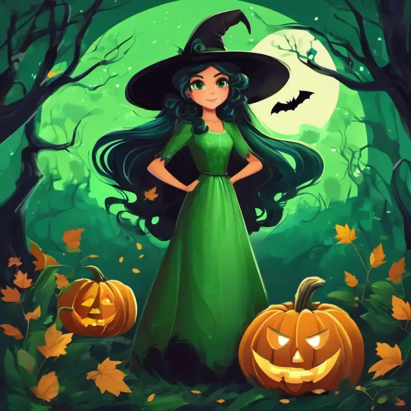 Moça com cabelos castanhos e olhos verdes, corajosa e sonhadora, em frente à sua loja, com uma faixa que diz 'Loja da Moça com cabelos castanhos e olhos verdes, corajosa e sonhadora - Moda Artesanal'