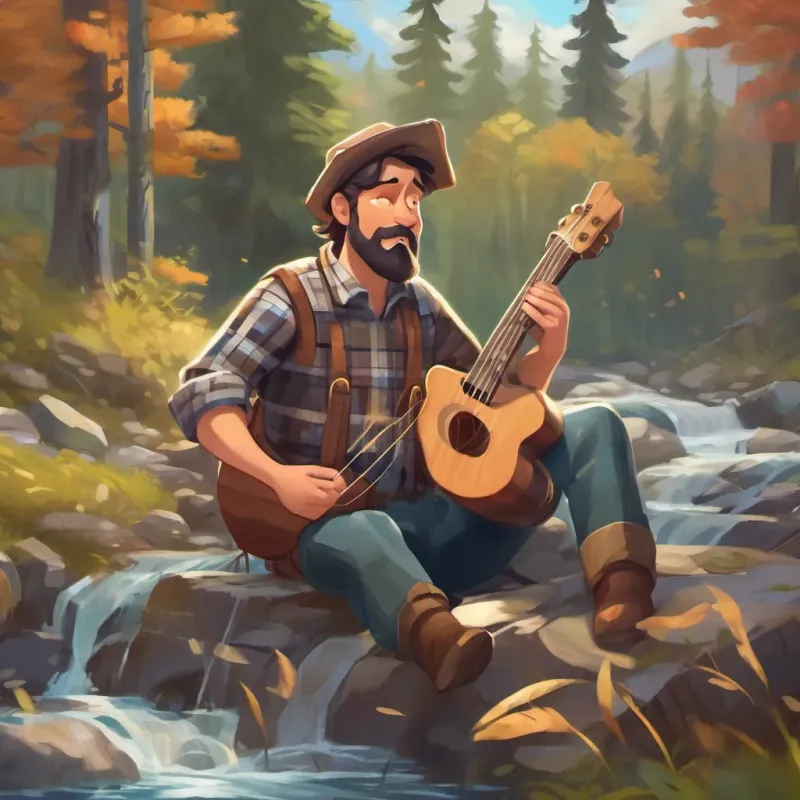 Lumberjack A kind, gentle lumberjack with brown hair and a plaid shirt, who loves nature and singing singing by the stream with musical notes floating around, expressing his sorrow over losing his axe.