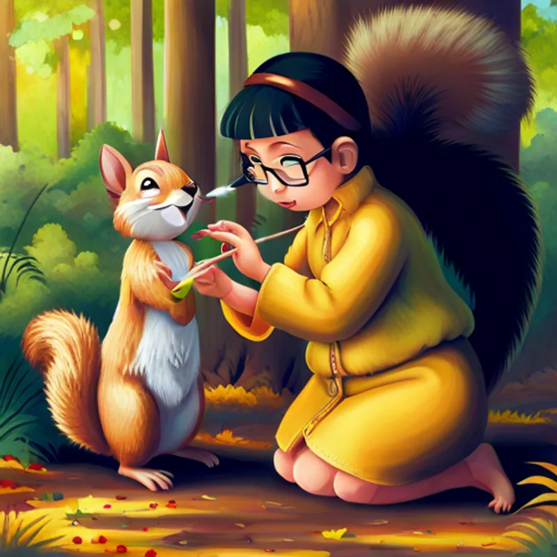Squirrel teasing Kiki and holding her feather