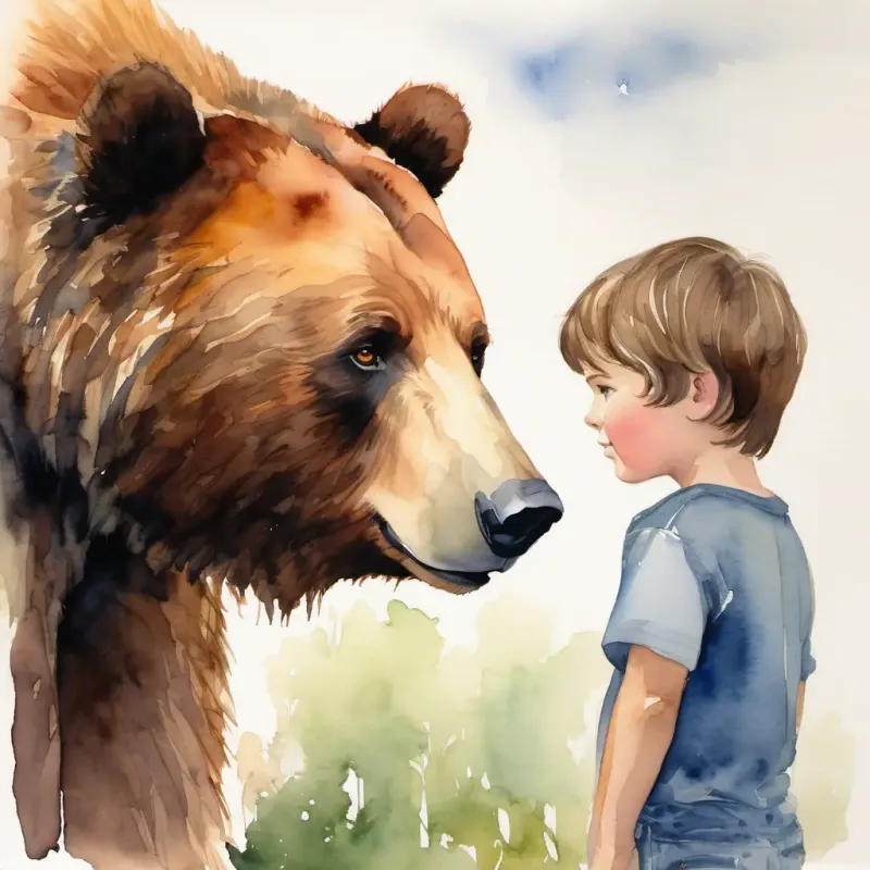 A young boy with brown hair and curious brown eyes standing tall, face to face with the bear