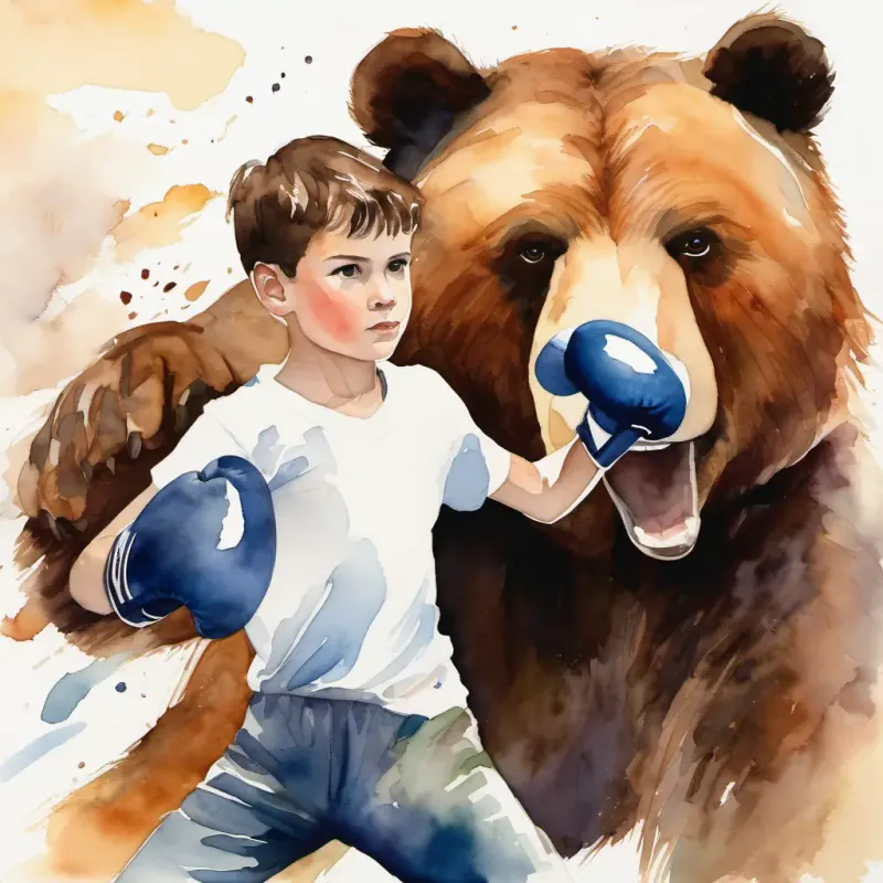 A young boy with brown hair and curious brown eyes bravely boxing with the bear, showing confidence