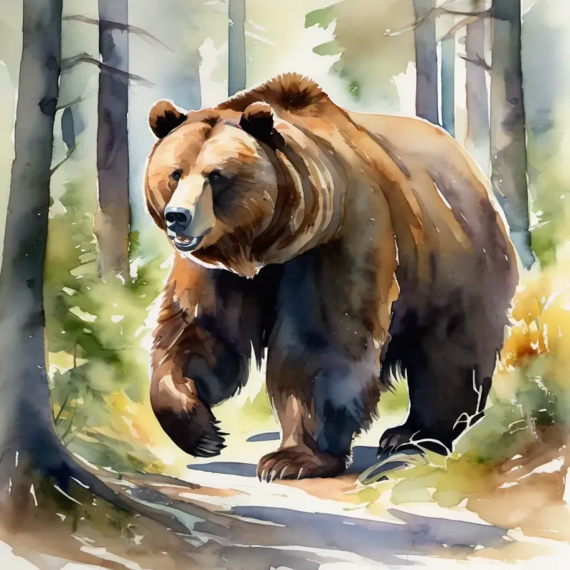 A big, furry bear with a grumpy face and sharp claws retreating into the woods, A young boy with brown hair and curious brown eyes feeling proud and victorious