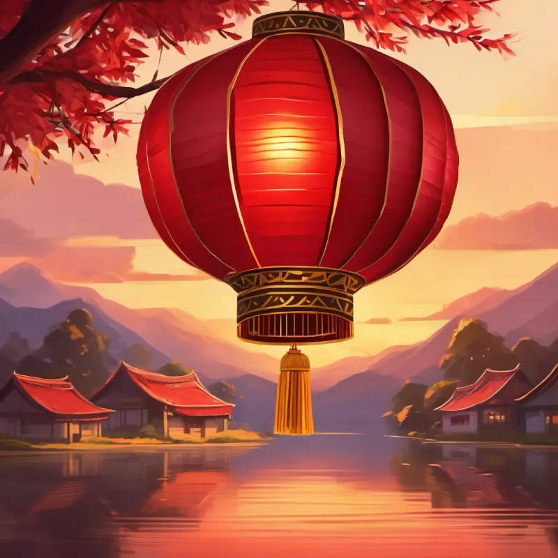 A beautiful red lantern, made of shiny red paper with golden tassels, a warm glow inside 's journey begins as she floats over a village, feeling light and bright.