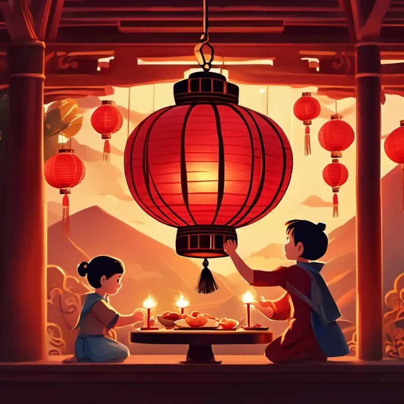 A beautiful red lantern, made of shiny red paper with golden tassels, a warm glow inside  sees families sharing meals, children playing with lanterns, and fireworks in the sky.