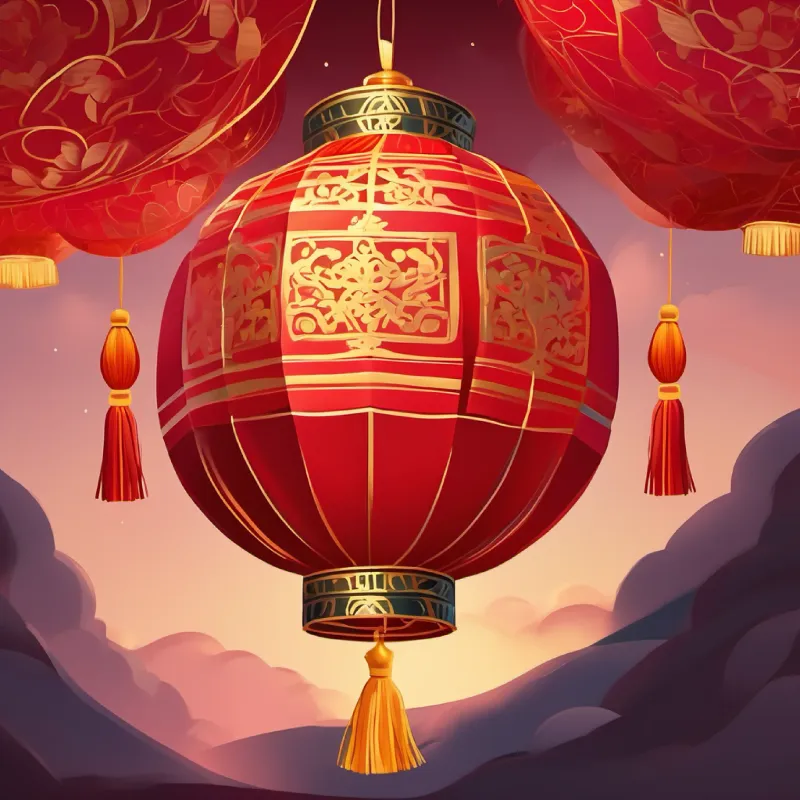 A beautiful red lantern, made of shiny red paper with golden tassels, a warm glow inside  meets other colorful lantern friends and they all dance in the sky.
