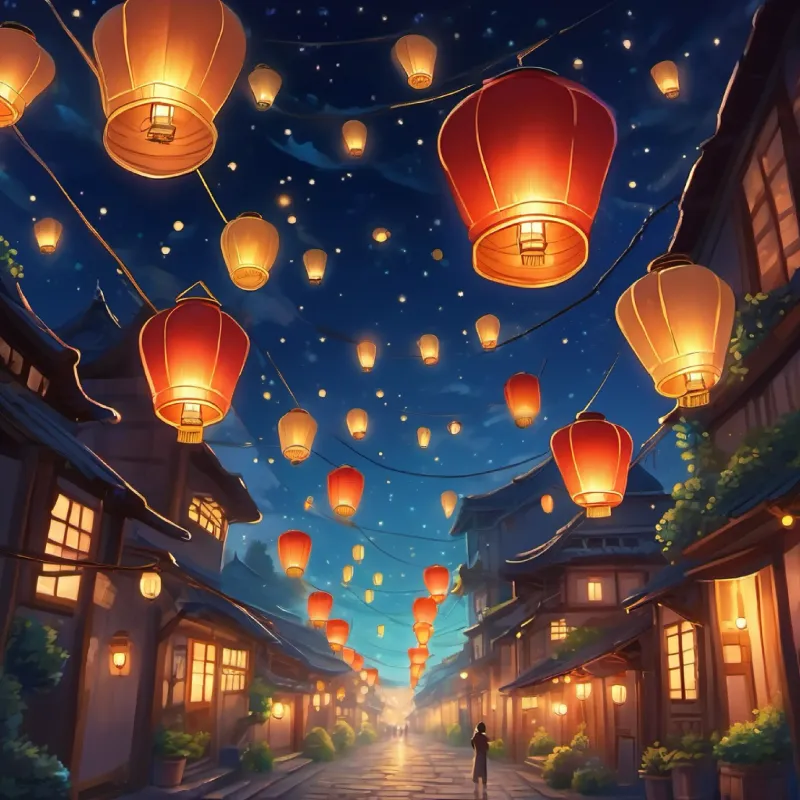 The night sky is filled with shining lanterns, spreading joy and hope.