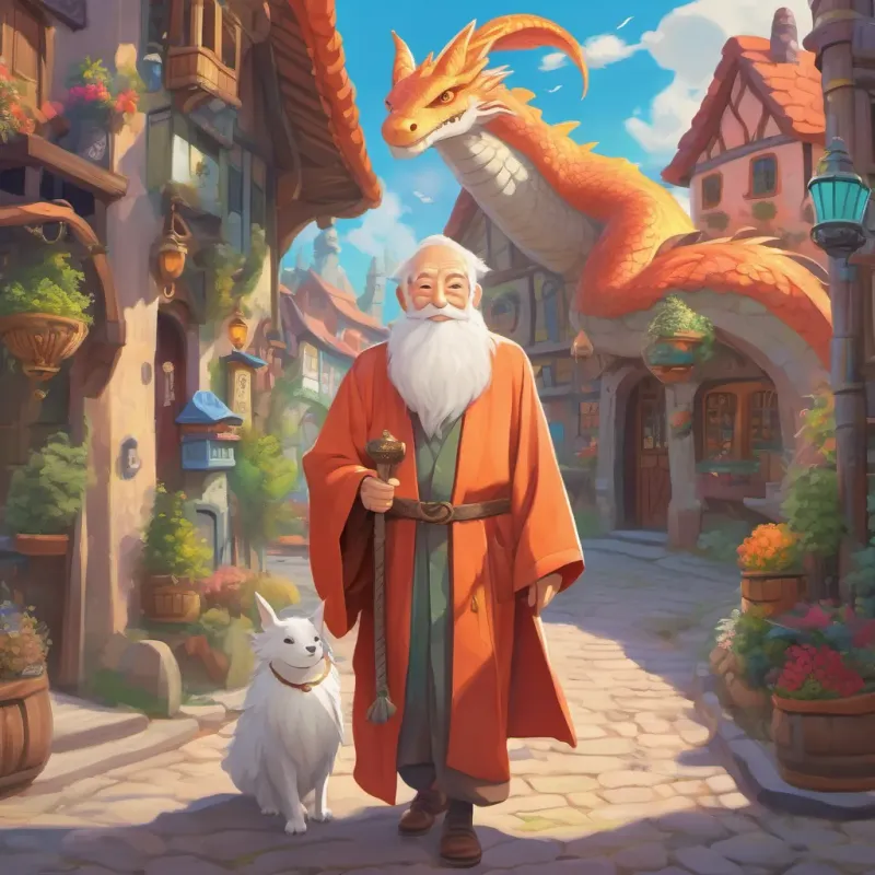 An elderly man with a long white beard, wearing a wizard-like robe, holding hands with a small, cheerful dragon in a whimsical and colorful town.
