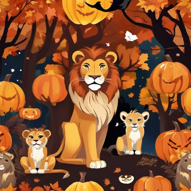 Carlos tiene piel morena y ojos marrones Es curioso y le encanta aprender sobre los animales está en frente del recinto de los leones, sosteniendo su cuaderno y lápiz. Los leones están rugiendo y jugando en el fondo. El león papá es grande y tiene una melena marrón.