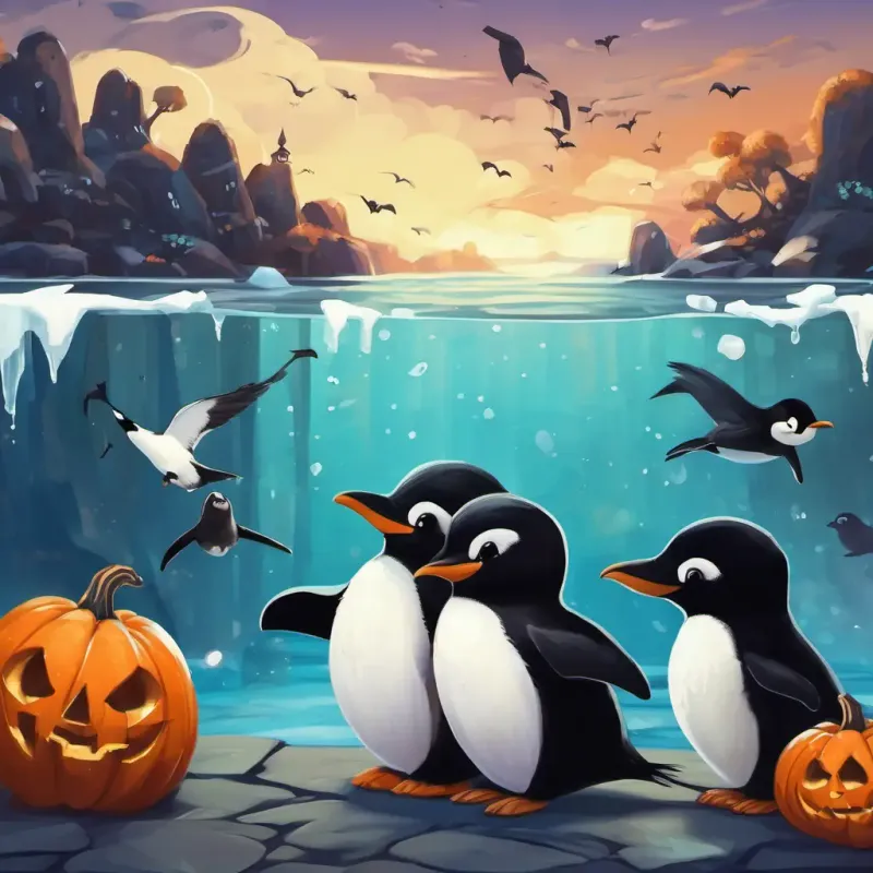 Carlos tiene piel morena y ojos marrones Es curioso y le encanta aprender sobre los animales está parado junto a una piscina donde los pingüinos nadan y se deslizan sobre el hielo. Los pingüinos son negros y blancos, con alas cortas.