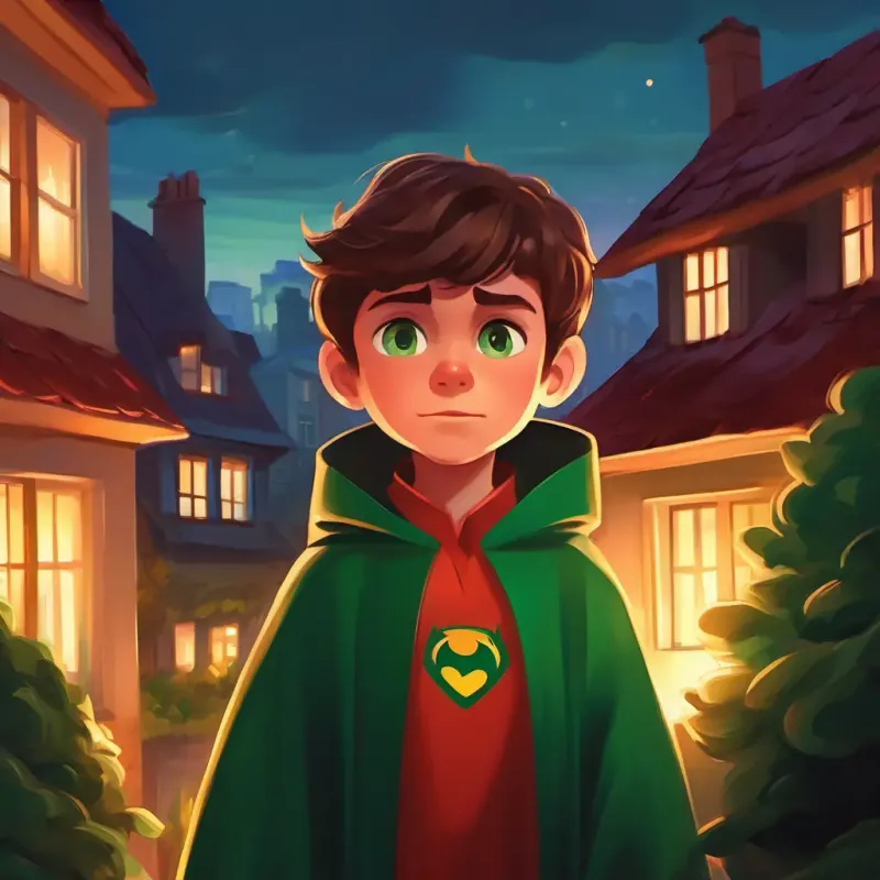 Cozy town at sunset, with Small boy with brown hair, green eyes, wearing a superhero cape feeling scared of devils, surrounded by cozy houses and trees.