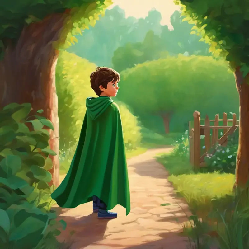 Small boy with brown hair, green eyes, wearing a superhero cape in his superhero cape, peeking around the corner at the devils dancing in the garden.