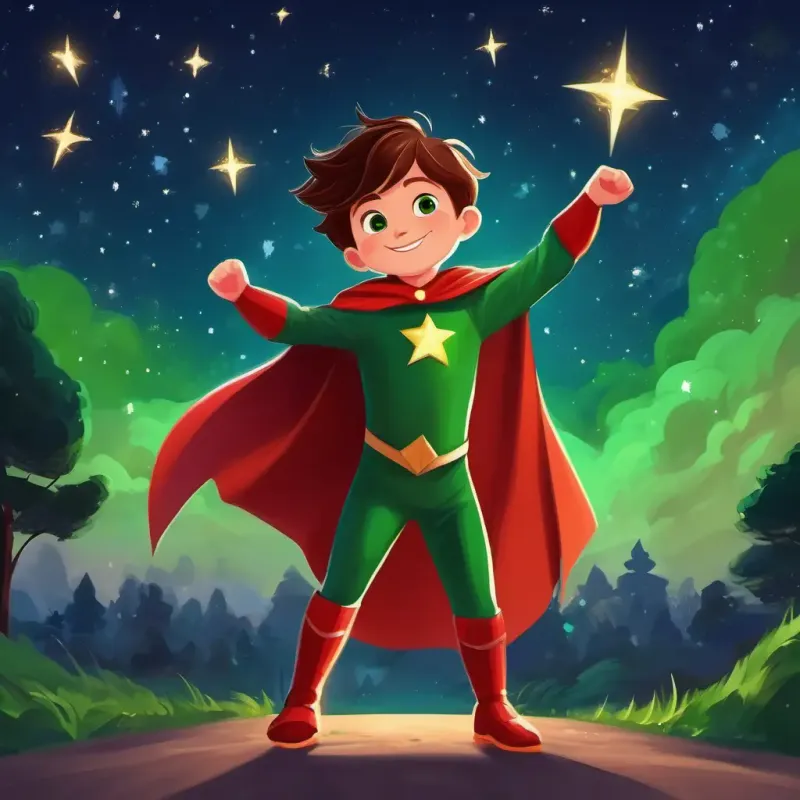 Small boy with brown hair, green eyes, wearing a superhero cape learning funny dance moves with the happy devils under the starry sky.