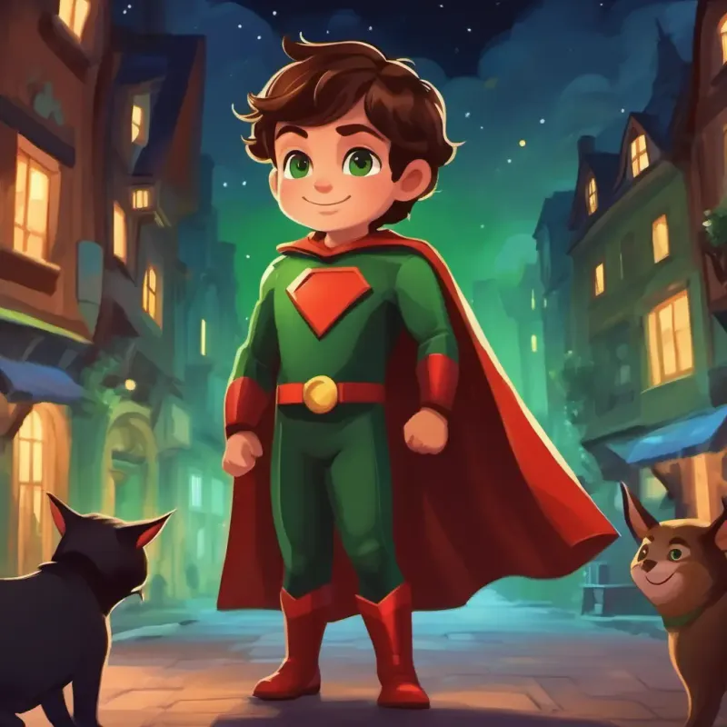 Small boy with brown hair, green eyes, wearing a superhero cape and the devils having nighttime adventures and the townspeople smiling.