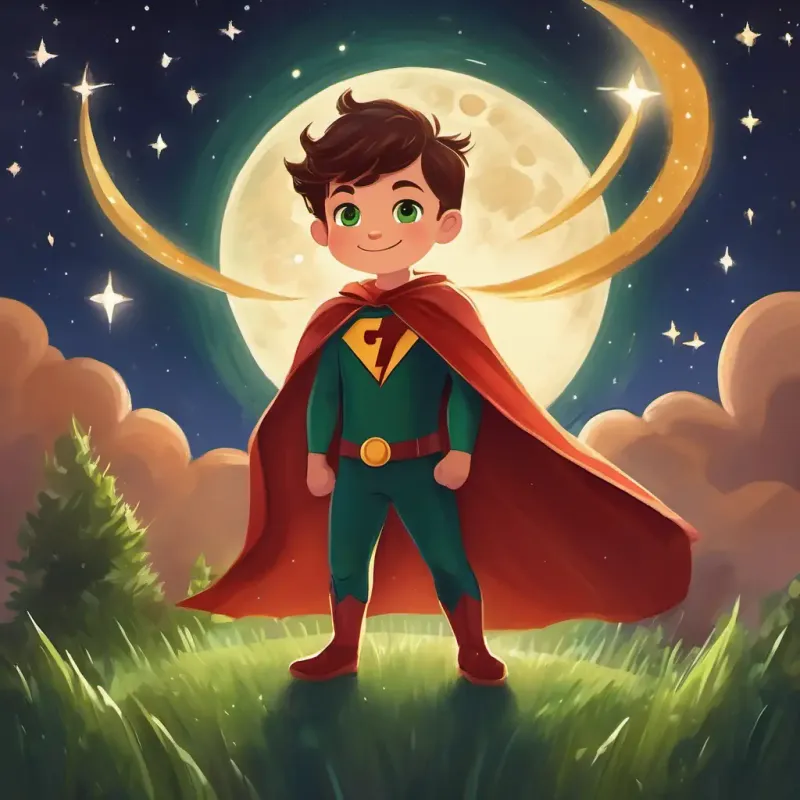 Happy Small boy with brown hair, green eyes, wearing a superhero cape and the devils holding hands under the moon and stars.