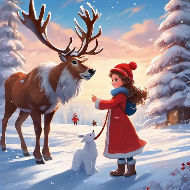 Curly brown hair, bright blue eyes, a determined and caring girl, a young girl with curly brown hair and bright blue eyes, is playing in the snow. She sees White beard, red suit, a jolly and powerful man, a jolly man with a white beard and a red suit, standing next to his reindeer in her backyard.