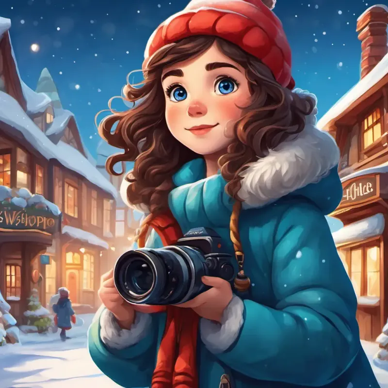 Curly brown hair, bright blue eyes, a determined and caring girl, wearing a warm coat and carrying a camera, travels to the North Pole. She sees a big sign that says 'Santa's Workshop' and follows the path leading to it.