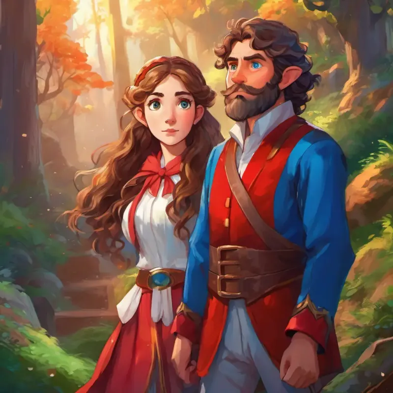 Curly brown hair, bright blue eyes, a determined and caring girl, with tears in her eyes, sees White beard, red suit, a jolly and powerful man using his magic to control the elves. The elves, small and wearing colorful clothes, look tired and unhappy.