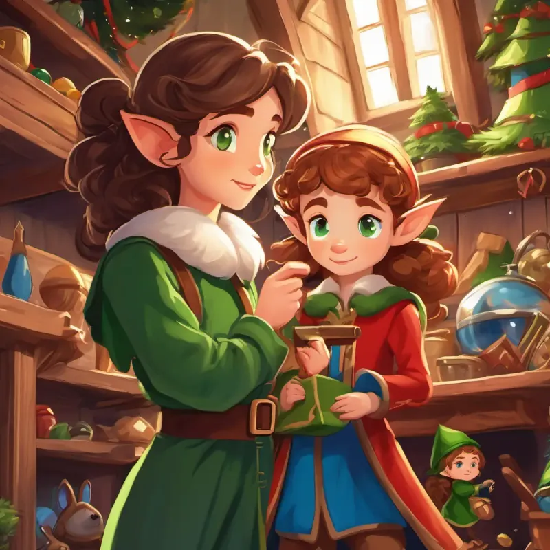 Curly brown hair, bright blue eyes, a determined and caring girl and Pointy ears, green clothes, a kind-hearted and brave elf, a small elf with pointy ears and green clothes, sneak around Santa's Workshop, trying to gather evidence. They whisper to each other and hide behind toy shelves.