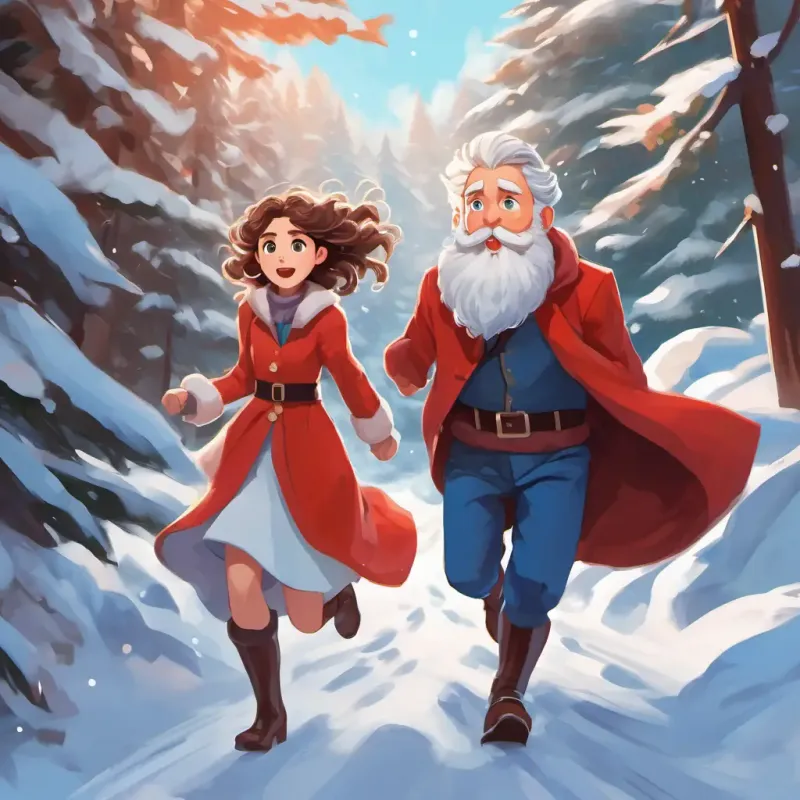 Curly brown hair, bright blue eyes, a determined and caring girl and White beard, red suit, a jolly and powerful man, with a big white beard and a stern look, run through snowy paths and jump over piles of presents. They both have determined expressions on their faces.