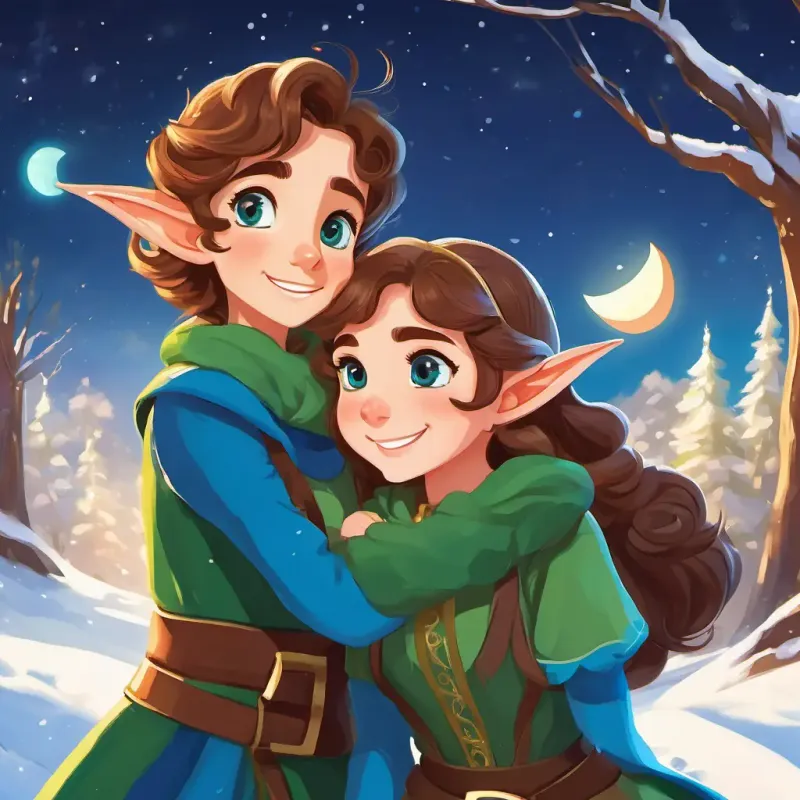 Curly brown hair, bright blue eyes, a determined and caring girl, Pointy ears, green clothes, a kind-hearted and brave elf, and the elves celebrate their victory. They smile and hug each other, surrounded by a beautiful snowy landscape and a bright full moon.