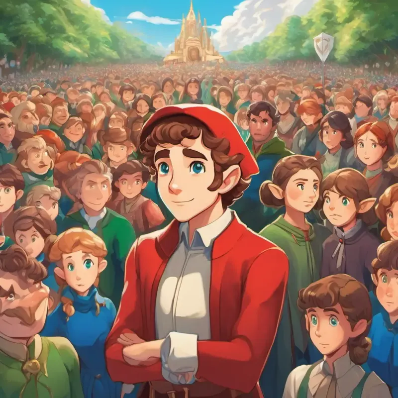 Curly brown hair, bright blue eyes, a determined and caring girl, Pointy ears, green clothes, a kind-hearted and brave elf, and the elves stand in front of a crowd of people, explaining the truth about White beard, red suit, a jolly and powerful man. People listen attentively, some with shocked expressions on their faces.