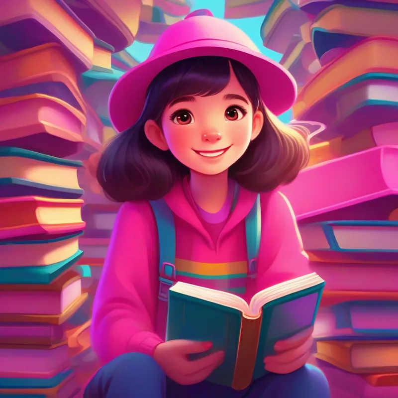 A young girl with sparkling eyes and a curious smile, always wearing a bright pink hat. sitting with a book, surrounded by floating books in different colors.